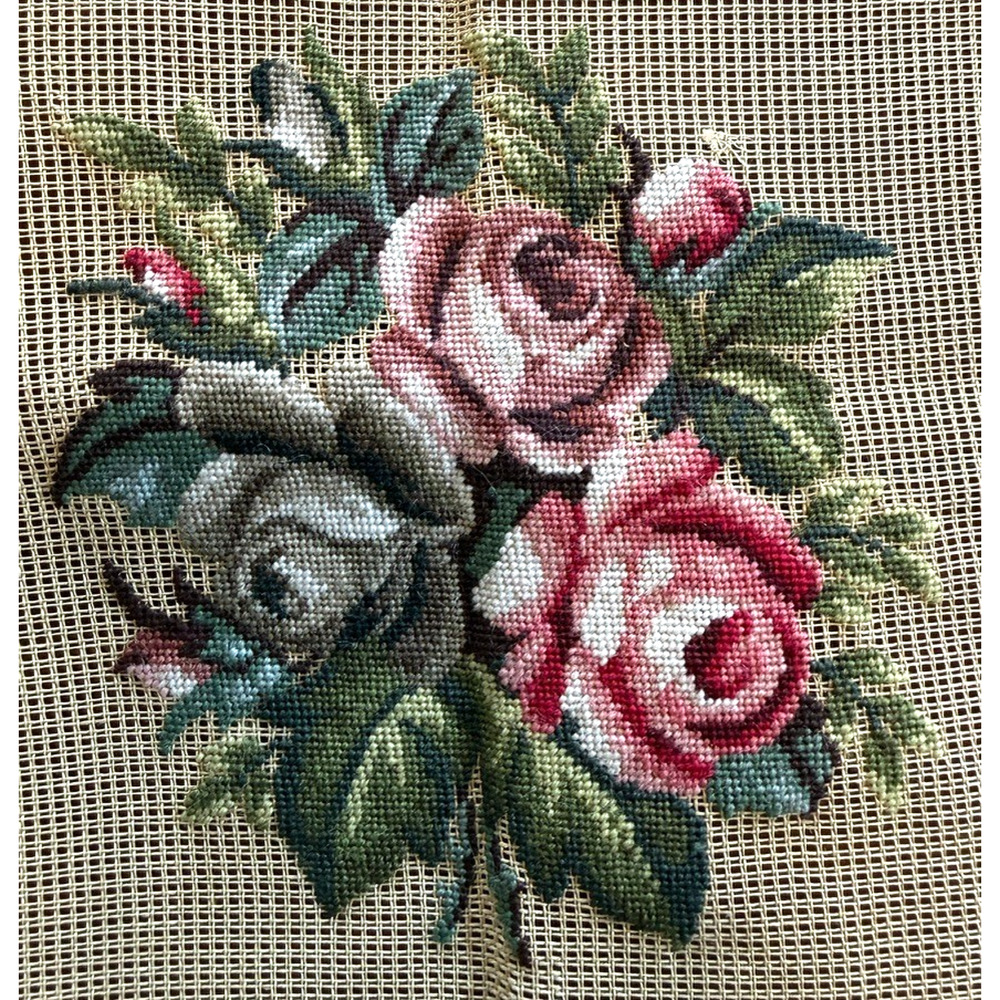 Vintage Preworked Decorator Needlepoint Canvas Floral Bouquet Roses Design 6 x 6